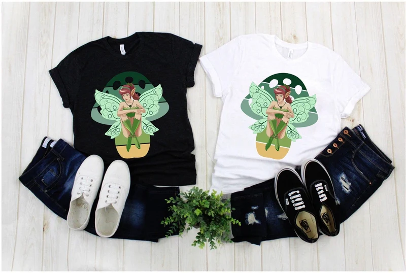 T-shirts aux champignons de fée verte, rire en direct et croire aux fées Champignon de fée verte, ailes de fée fantaisie bel esprit mythique vert