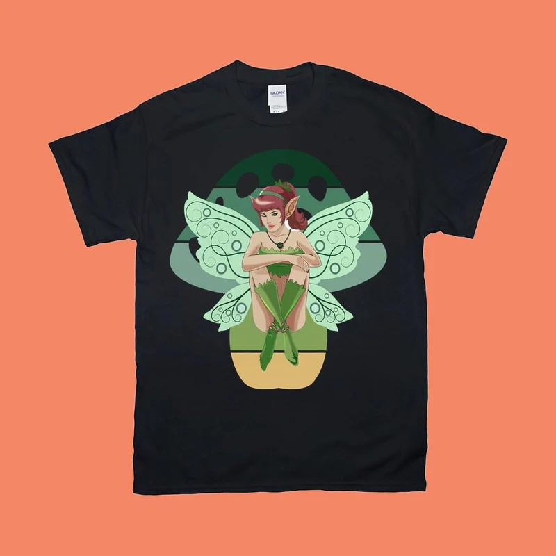 T-shirts aux champignons de fée verte, rire en direct et croire aux fées Champignon de fée verte, ailes de fée fantaisie bel esprit mythique vert