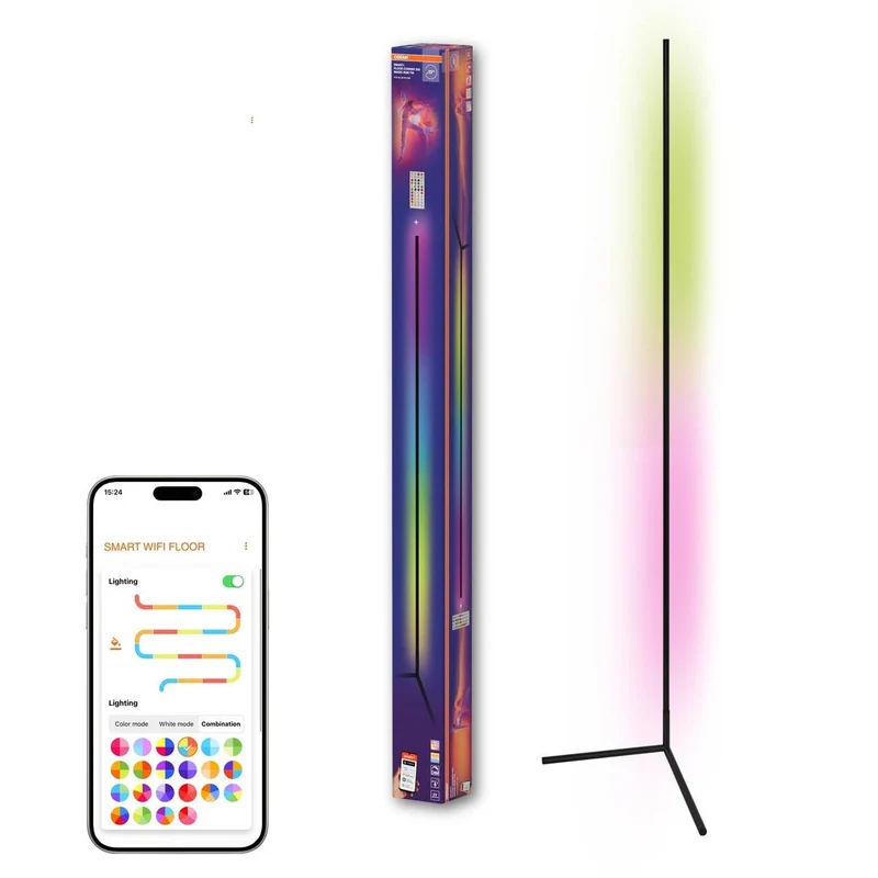 OSRAM Matter SMART+ Lampadaire d'angle mince, avec télécommande, noir, 2000 mm, RVB + blanc réglable (TW)