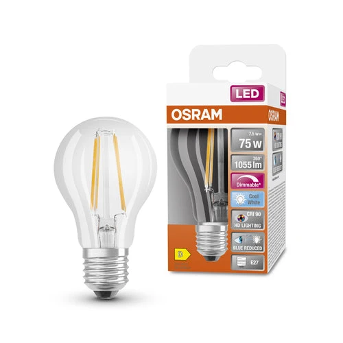 OSRAM Lampe LED dimmable LED SUPERSTAR+ CL A FIL 75 dim 7,5W/940 E27 IRC90 BOÎTE, E27, Blanc froid