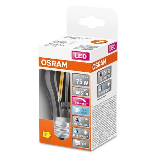 OSRAM Lampe LED dimmable LED SUPERSTAR+ CL A FIL 75 dim 7,5W/940 E27 IRC90 BOÎTE, E27, Blanc froid