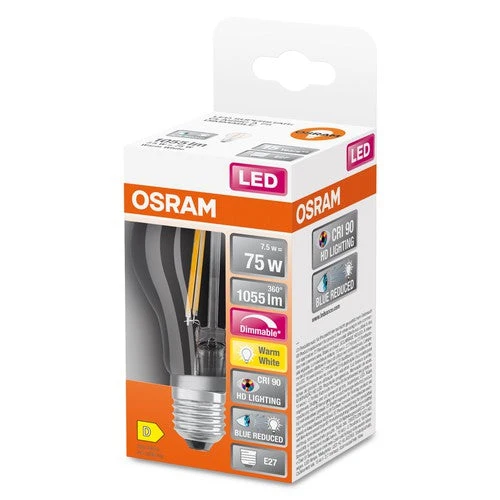 OSRAM Lampe LED dimmable LED SUPERSTAR+ CL A FIL 75 dim 7,5W/927 E27 IRC90 BOÎTE, E27, Blanc chaud