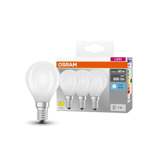 OSRAM LED BASE RETRO MATT CLP Lampes LED, forme classique mini-boule 5,5W E14 840, pack de 3, blanc froid