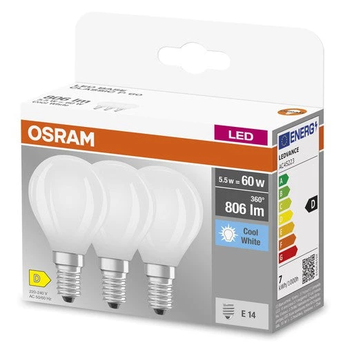 OSRAM LED BASE RETRO MATT CLP Lampes LED, forme classique mini-boule 5,5W E14 840, pack de 3, blanc froid