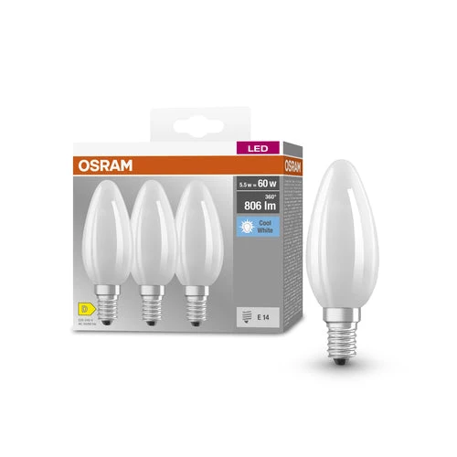 OSRAM LED BASE RETRO Matt CLASSIC B LED-lampes, forme classique mini bougie 6W E14 840, paquet de 3, blanc froid