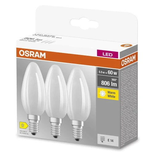 OSRAM LED BASE RETRO Matt CLASSIC B LED-lampes, forme classique de mini bougies 6W E14, pack de 3, blanc chaud