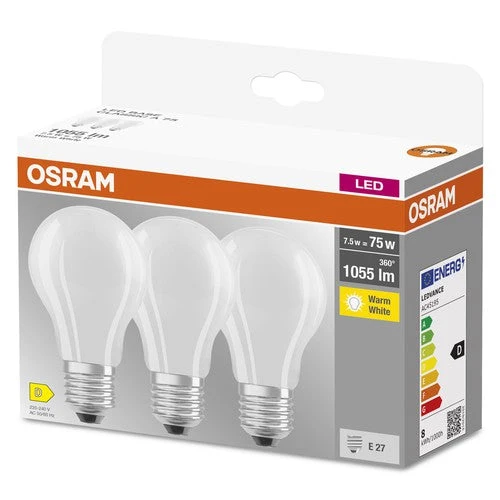 OSRAM LED BASE CLASSIC A lampe matte (ex 75W) 7,5W / 2700K blanc chaud E27, pack de 3