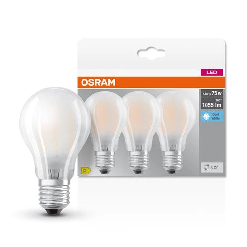 OSRAM LED BASE CLASSIC A lampe mate (ex 75W) 7,5W / 4000K blanc froid E27, pack de 3