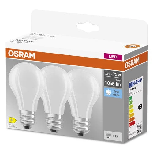OSRAM LED BASE CLASSIC A lampe mate (ex 75W) 7,5W / 4000K blanc froid E27, pack de 3