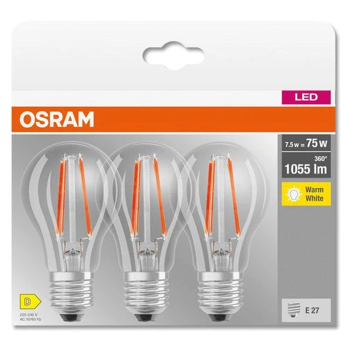 OSRAM LED BASE CLASSIC A lampe claire (ex 75W) 7,5W / 2700K blanc chaud E27, pack de 3