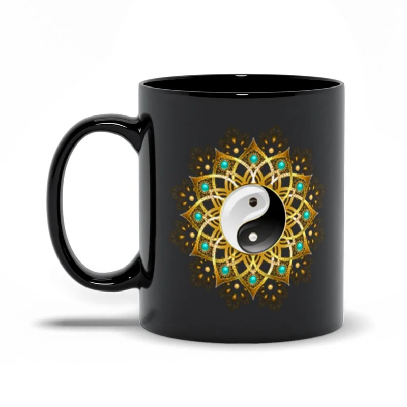 Yin Yang Mandala Black Mugs, Symbole du Yin Yang, Mandala Art Tribal Art, Harmonie, Méditation, Recherche d’équilibre, Cadeau pour elle, Cadeau pour lui