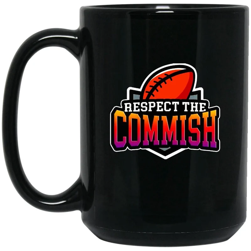 Respectez la Commish, 15 oz. Tasse noire, tasse d’accent de commissaire de football fantastique, reine du football fantastique, roi du football fantastique
