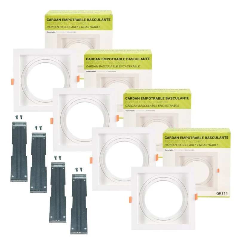 Pack x 4 - Collerette downlight carrée orientable type cardan pour ampoule QR111 ou AR111 - Coupe 155 x 155 mm