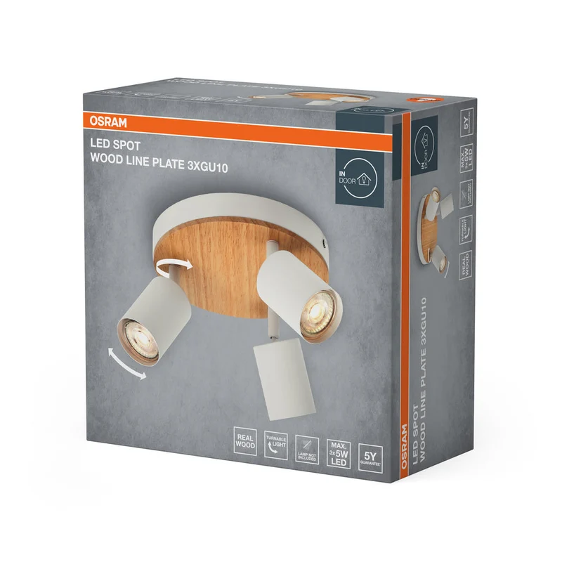 OSRAM LED Spot Wood Line Plate lampe à poser 3xGU10 Blanc et décor bois