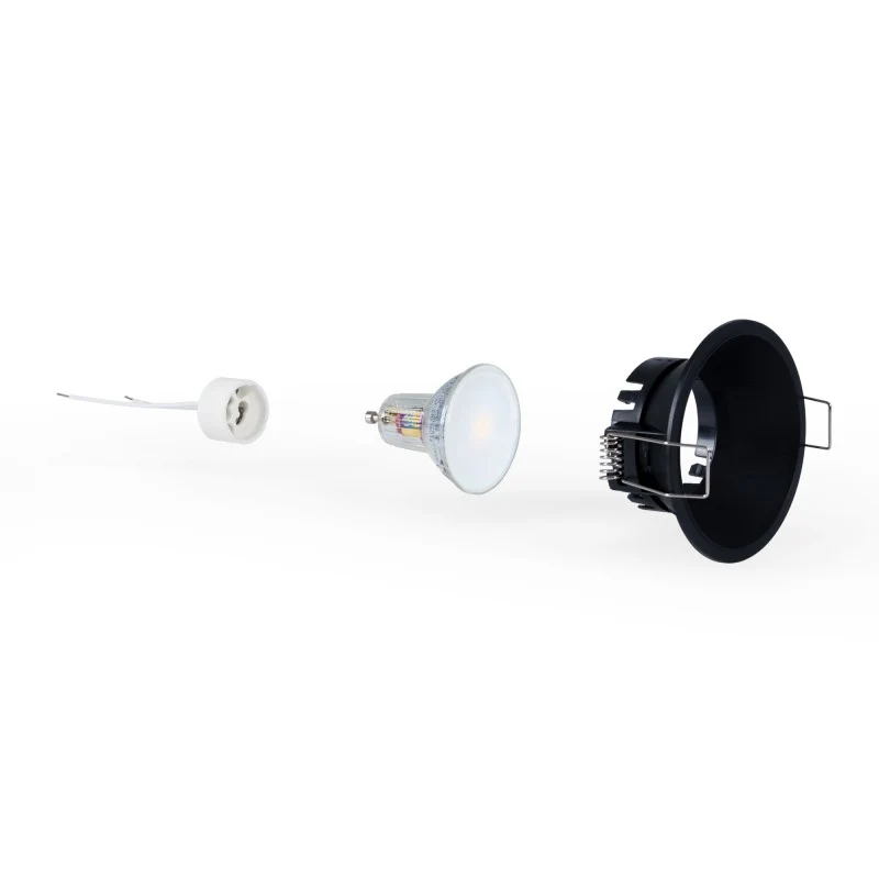 KIT Spot encastrable fixe Ø82mm (noir) + Ampoule GU10 5,4W + Douille
