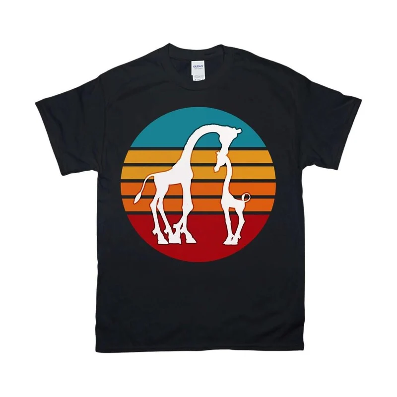 Girafe et veau | T-shirts rétro coucher de soleil, girafe avec bébé - Maman girafe et veau, cadeau de Noël
