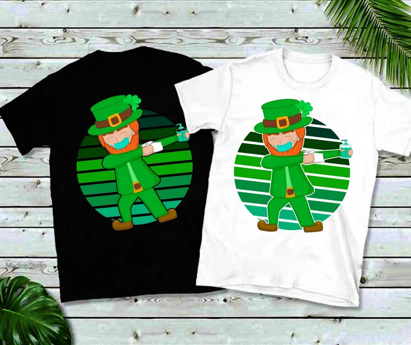 T-shirts verts rétro avec coucher de soleil, Leprechaun masqué, pour la saint-Patrick
