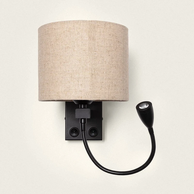 Lampe Murale Chevet Noire et Abat Jour Beige avec Liseuse