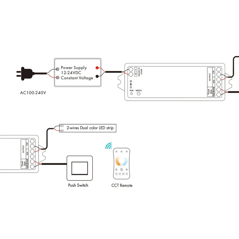 Contrôleur CCT 12-24V DC - 2 fils - 5A - RF 2.4GHz - PUSH dimmer - Skydance