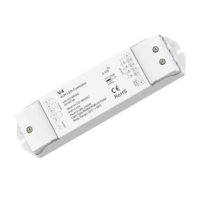Contrôleur variateur RGBW / RGB / CCT / monochrome 12-48V DC - 20A (5A/canal) - RF 2.4G - Dimmer PUSH - Skydance