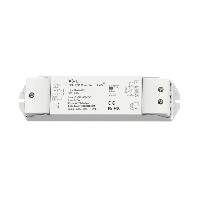 Contrôleur variateur RGB / CCT / monochrome 12-48V DC - 18A (6A/canal) - RF 2.4G - Dimmer PUSH - Skydance