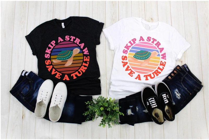 Sauter une paille, sauver une tortue | T-shirts rétro Sunset, Tee-shirt amoureux de la nature, Eco Ocean, Chemise activiste environnemental, Chemise Love Turtle