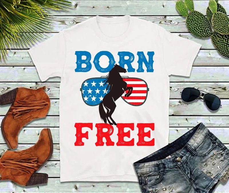 Né libre | Cheval | Lunettes de soleil | T-shirts drapeau américain, patriotique américain, 2e amendement, célébration du 4 juillet