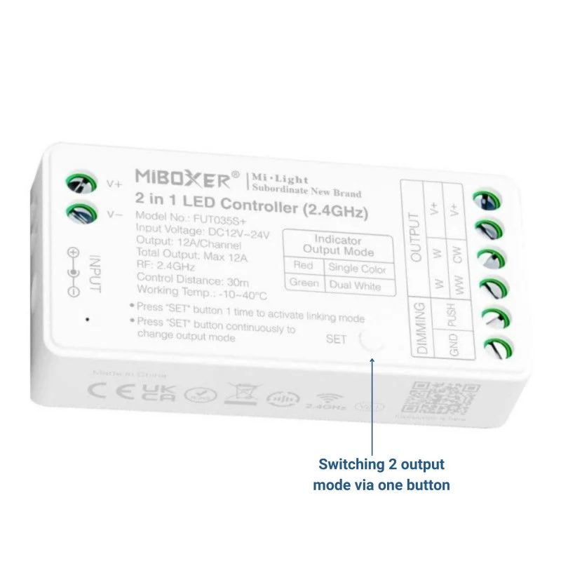 Contrôleur ruban LED 2 en 1 - Monochrome et CCT - 12/24V DC - 2.4G - MiBoxer - FUT035S+