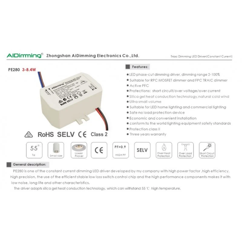 Driver LED dimmable TRIAC 25-42V-DC 200ma 8W
