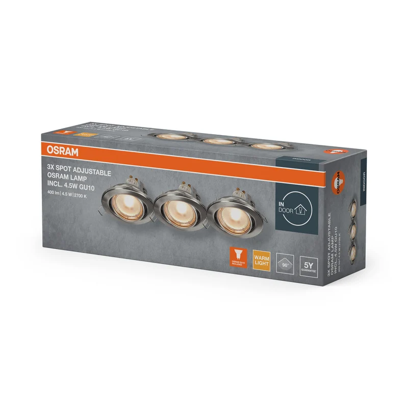 Set de spots encastrés LED OSRAM GU10 orientable 4,5W Nickel satiné ⌀68 mm