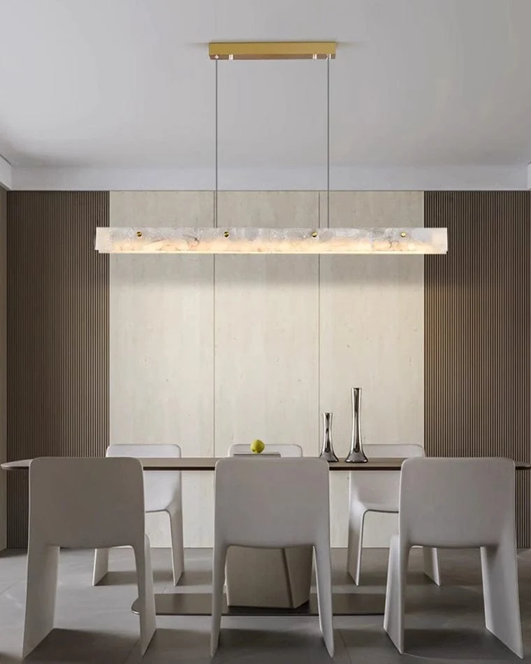 Lustre Long en Verre Blanc Opale - Marbre Albâtre