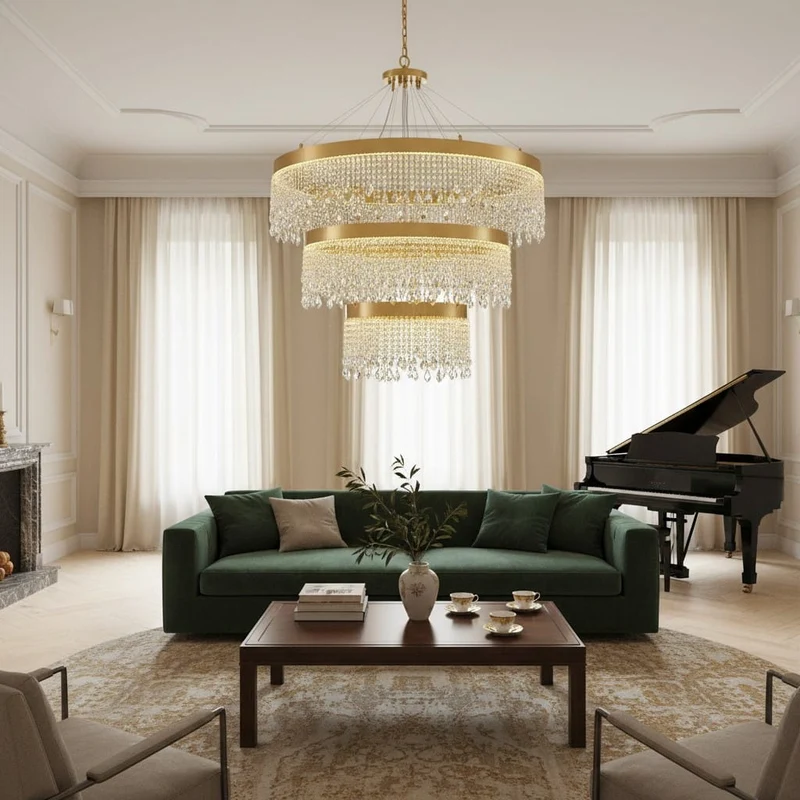 Grand Lustre Cascade pour Salle Haute - Cristal et Verre