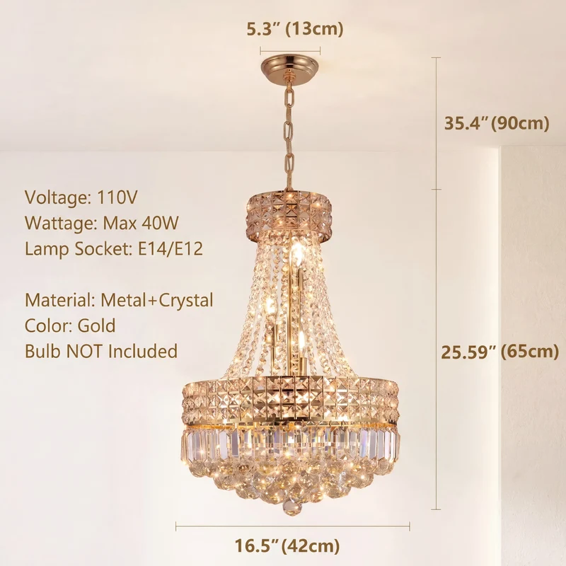 Luxury Gold Empire K9 Crystal Chandelier, 6-Light Adjustable Height Hanging Light Fixture for dining room/living room/foyer/bar