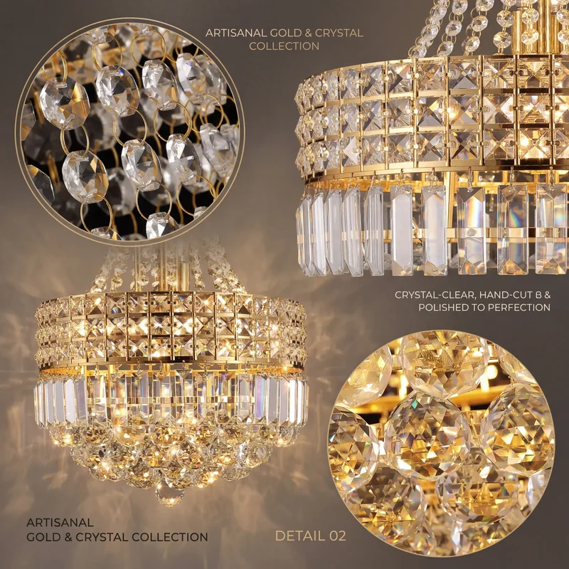 Luxury Gold Empire K9 Crystal Chandelier, 6-Light Adjustable Height Hanging Light Fixture for dining room/living room/foyer/bar