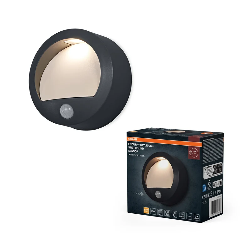 ENDURA® Style USB Applique murale Step ronde Capteur IP44 Gris foncé