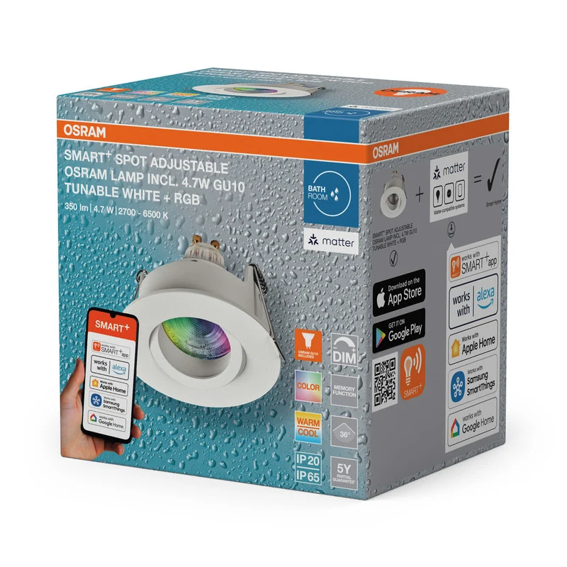OSRAM Matter SMART+ LED spot encastrable intelligent salle de bain GU10 IP65 orientable 4,7W RGBW Blanc ⌀68 mm