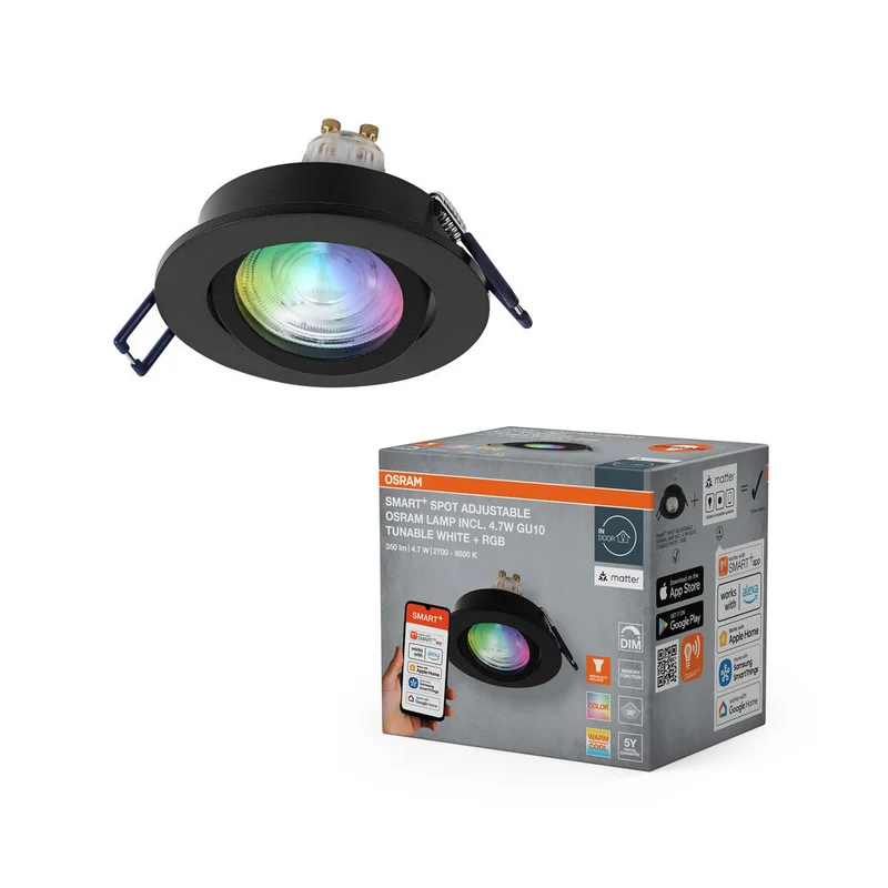 OSRAM Matter SMART+ LED spot encastrable intelligent salle de bain GU10 orientable 4,7W RGBW Noir ⌀68 mm