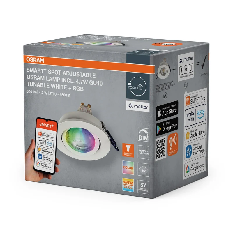 OSRAM Matter SMART+ LED spot encastrable intelligent salle de bain GU10 orientable 4,7W RGBW Blanc ⌀68 mm