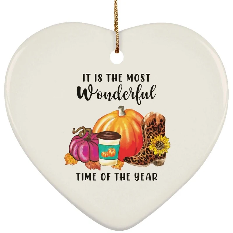 C'est la période la plus merveilleuse de l'année Ornement de cœur en céramique, latte de citrouille d'automne heureux, feuilles d'automne, collier de citrouille rose