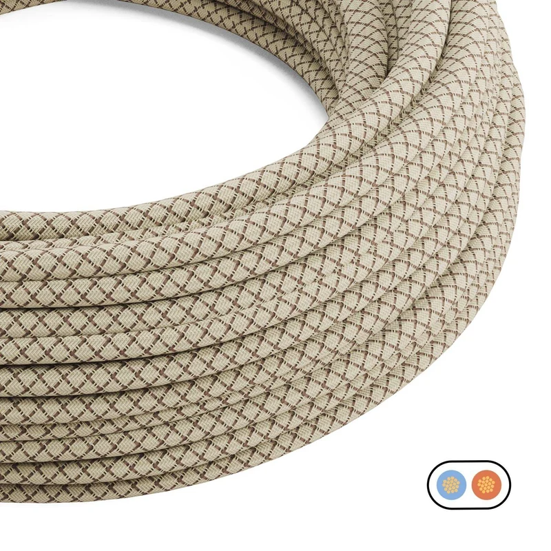 Câble textile plat Lin Écorce et Beige Losange - PD63