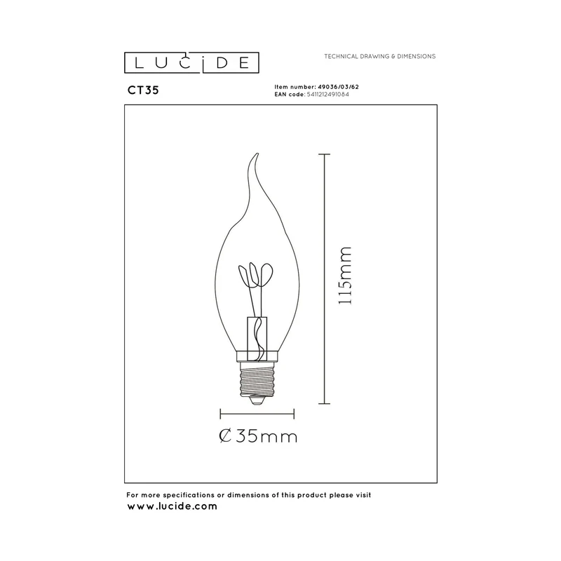 Lucide LED Filament Bulb E14 CT35 Amber - 165lm 2200K - Dimmable