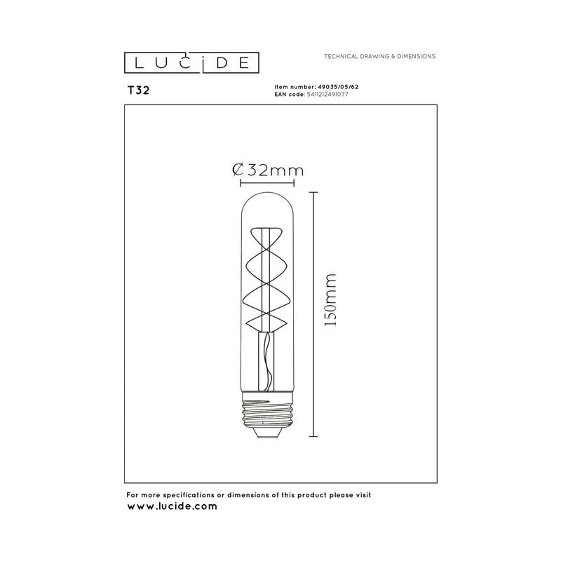 Lucide LED Filament Bulb E27 T32 Amber 25 cm - 450lm 2200K - 3-Step Dim