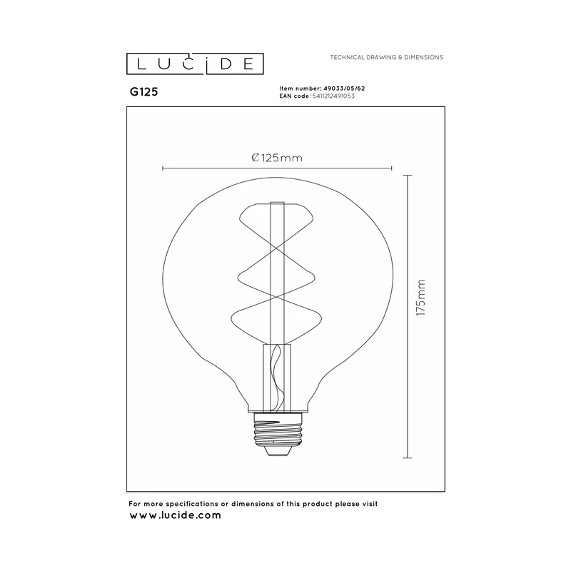 Lucide LED Filament Bulb E27 G125 Amber - 900lm 2700K - Dimmable