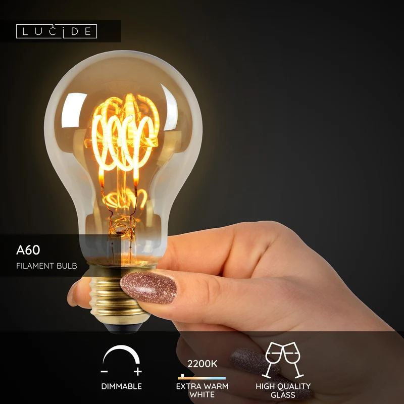Lucide LED Filament Bulb E27 A60 Amber - 380lm 2200K - Dimmable