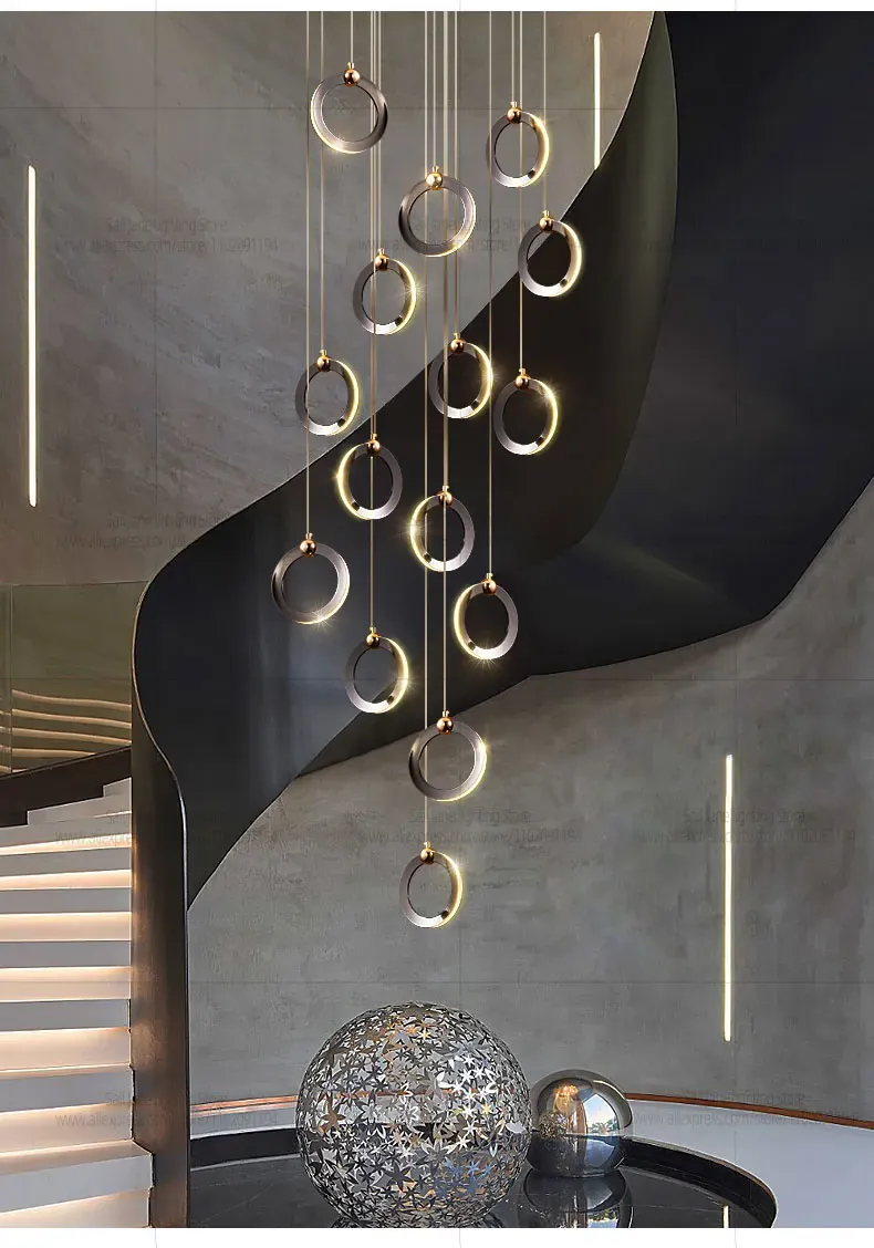 Lustre suspensions en anneaux noirs LED