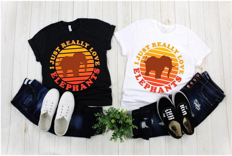 J'aime vraiment les éléphants | T-shirts coucher de soleil rétro