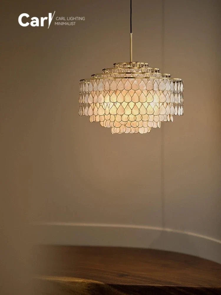 French Light Luxury Copper Edge Shell Chandelier Vintage Retro High-end Living Room Study Restaurant Bedroom Lamps
