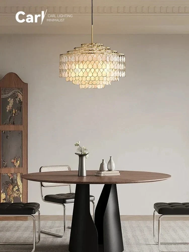 French Light Luxury Copper Edge Shell Chandelier Vintage Retro High-end Living Room Study Restaurant Bedroom Lamps