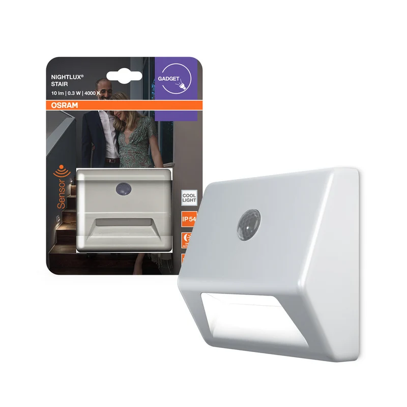 OSRAM LED NIGHTLUX Lampe d'escalier à piles, capteur de mouvement, capteur jour-nuit, blanc froid, 28,0 mm x 84,0 mm x 73,0 mm, blanc