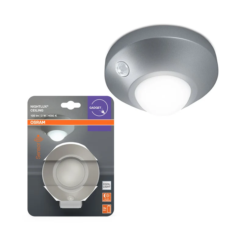 OSRAM NIGHTLUX® LED Plafonnier / Veilleuse avec capteur alimentée par batterie 2W / 4000K Blanc froid, gris